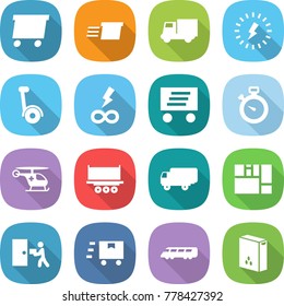 flat vector icon set - delivery vector, truck, lightning, gyroscooter, infinity power, stopwatch, ambulance helicopter, shipping, consolidated cargo, courier, fast deliver, speed train, cereals