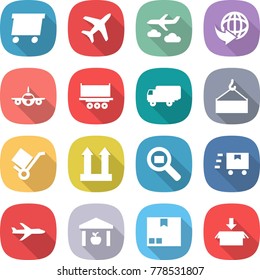 flat vector icon set - delivery vector, plane, journey, truck shipping, loading crane, trolley, cargo top sign, search, fast deliver, warehouse, package