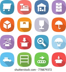 flat vector icon set - delivery vector, cashbox, warehouse, archive, 3d, package box, fragile, dry cargo, sun potection, search, parachute, car baggage, rack, conveyor