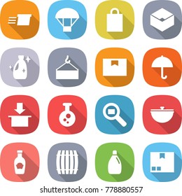 flat vector icon set - delivery vector, parachute, shopping bag, box, cleanser, loading crane, package, dry cargo, chemical, search, cauldron, ketchup, barrel