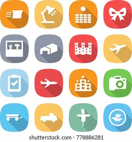 flat vector icon set - delivery vector, table lamp, sun power, bow, tools, warehouse, palace, plane, clipboard check, hotel, camera, trailer, pickup, scarecrow, ecology