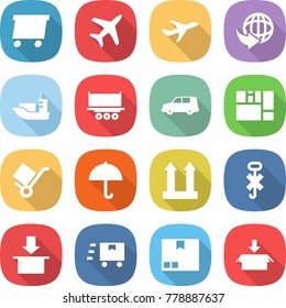 flat vector icon set - delivery vector, plane, sea shipping, truck, car, consolidated cargo, trolley, dry, top sign, do not hook, package, fast deliver