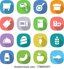 flat vector icon set - delivery vector, mixer, pan, chief hat, cutting board, microwave oven, fridge, food processor, meal cap, cake, carrot, spike, flour, eggplant, apple, fish