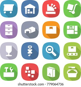flat vector icon set - delivery vector, warehouse, cashbox, cargo stoller, archive, package box, consolidated, fragile, do not hook sign, search, transporter tape, repair tools, blocks, cereals