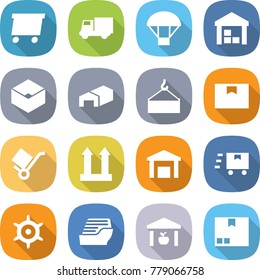 flat vector icon set - delivery vector, truck, parachute, warehouse, box, loading crane, package, trolley, cargo top sign, fast deliver, handwheel, cruise ship