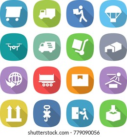 flat vector icon set - delivery vector, truck, courier, parachute, drone, cargo stoller, warehouse, shipping, package box, sun potection, top sign, do not hook
