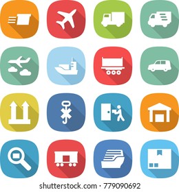 flat vector icon set - delivery vector, plane, truck, journey, sea shipping, car, cargo top sign, do not hook, courier, warehouse, search, railroad, cruise ship, package