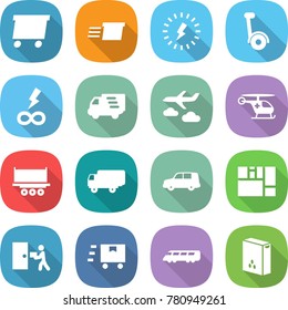 flat vector icon set - delivery vector, lightning, gyroscooter, infinity power, journey, ambulance helicopter, truck shipping, car, consolidated cargo, courier, fast deliver, speed train, cereals