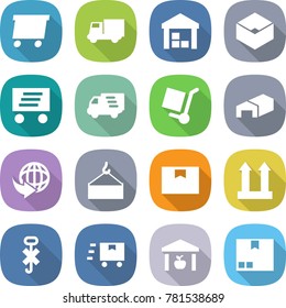 flat vector icon set - delivery vector, truck, warehouse, box, cargo stoller, loading crane, package, top sign, do not hook, fast deliver