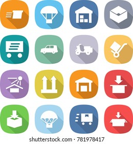 flat vector icon set - delivery vector, parachute, warehouse, box, car shipping, scooter, trolley, sun potection, cargo top sign, package, fast deliver