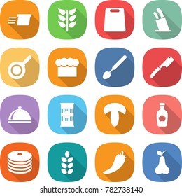 flat vector icon set - delivery vector, spikelets, cutting board, stands for knives, pan, chief hat, big spoon, chef knife, meal cap, pasta, mushroom, ketchup, pancakes, spike, hot pepper, pear
