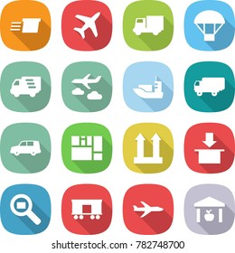 flat vector icon set - delivery vector, plane, truck, parachute, journey, sea shipping, car, consolidated cargo, top sign, package, search, railroad, warehouse