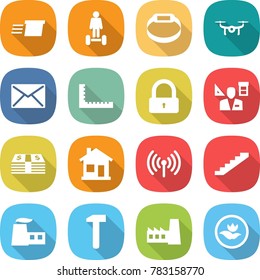 flat vector icon set - delivery vector, hoverboard, smart bracelet, drone, mail, ruler, lock, architector, money, home, wireless, stairs, factory, hammer, ecology