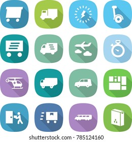 flat vector icon set - delivery vector, truck, lightning, gyroscooter, journey, stopwatch, ambulance helicopter, shipping, car, consolidated cargo, courier, fast deliver, speed train, cereals