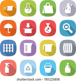 flat vector icon set - delivery vector, round flask, shopping bag, cleanser, dry cargo, package, chemical, search, pallet, measuring cup, barrel, sprayer, garbage, bucket