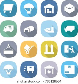 flat vector icon set - delivery vector, parachute, warehouse, box, sea shipping, loading crane, trolley, cargo top sign, courier, fast deliver, package