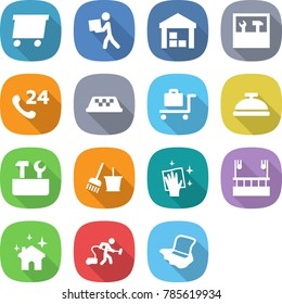 flat vector icon set - delivery vector, courier, warehouse, tools, phone 24, taxi, baggage trolley, service bell, repair, bucket and broom, wiping, skysrcapers cleaning, house, vacuum cleaner