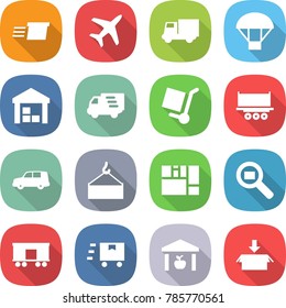 flat vector icon set - delivery vector, plane, truck, parachute, warehouse, cargo stoller, shipping, car, loading crane, consolidated, search, railroad, fast deliver, package