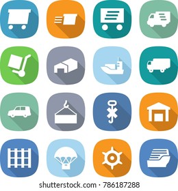 flat vector icon set - delivery vector, cargo stoller, warehouse, sea shipping, car, loading crane, do not hook sign, pallet, parachute, handwheel, cruise ship