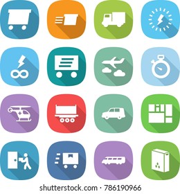 flat vector icon set - delivery vector, truck, lightning, infinity power, journey, stopwatch, ambulance helicopter, shipping, car, consolidated cargo, courier, fast deliver, speed train, cereals