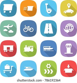 flat vector icon set - delivery vector, gyroscooter, car pointer, journey, bike, road, railroad shipping, train, airport tower, baggage trolley, yacht, conveyor, package