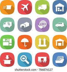 flat vector icon set - delivery vector, plane, truck, warehouse, car shipping, consolidated cargo, dry, top sign, package, search, railroad, cruise ship