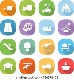 flat vector icon set - delivery vector, truck, electric car, lunar rover, road, sea shipping, sun potection, escalator, baggage get, departure, trolley, garage, helicopter, pickup, package