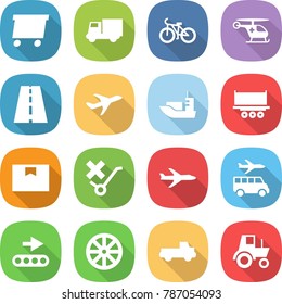 flat vector icon set - delivery vector, truck, bike, ambulance helicopter, road, plane, sea shipping, package box, do not trolley sign, transfer, conveyor, wheel, pickup, tractor