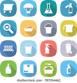 flat vector icon set - delivery vector, parachute, flask, potion bottle, cargo search, washing, bucket, measuring cup, spices, sprayer, trash bin, cleanser, package, powder, toilet