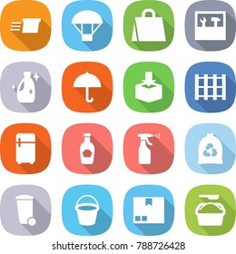 flat vector icon set - delivery vector, parachute, shopping bag, tools, cleanser, dry cargo, package, pallet, fridge, ketchup, sprayer, garbage, trash bin, bucket, washing powder