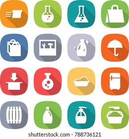 flat vector icon set - delivery vector, round flask, shopping bag, tools, cleanser, dry cargo, package, chemical, washing, fridge, barrel, liquid soap, powder