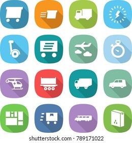 flat vector icon set - delivery vector, truck, lightning, gyroscooter, journey, stopwatch, ambulance helicopter, shipping, car, consolidated cargo, fast deliver, speed train, cereals