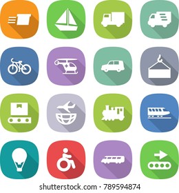 flat vector icon set - delivery vector, boat, truck, bike, ambulance helicopter, car shipping, loading crane, transporter tape, plane, train, air ballon, invalid, speed, conveyor
