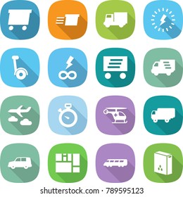 flat vector icon set - delivery vector, truck, lightning, gyroscooter, infinity power, journey, stopwatch, ambulance helicopter, shipping, car, consolidated cargo, speed train, cereals