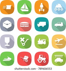 flat vector icon set - delivery vector, boat, hoverboard, lunar rover, box, airport building, shipping, car, fragile, do not trolley sign, train, departure, jet ski, wheelbarrow, tractor, wash
