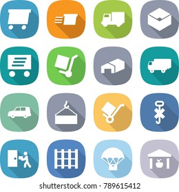 flat vector icon set - delivery vector, truck, box, cargo stoller, warehouse, shipping, car, loading crane, trolley, do not hook sign, courier, pallet, parachute