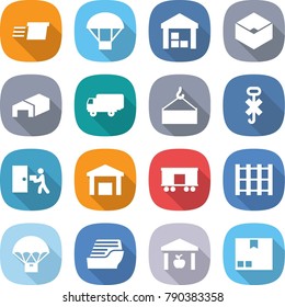 flat vector icon set - delivery vector, parachute, warehouse, box, shipping, loading crane, do not hook sign, courier, railroad, pallet, cruise ship, package