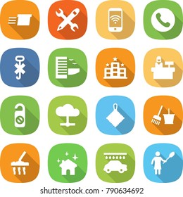 flat vector icon set - delivery vector, pencil wrench, phone wireless, do not hook sign, hotel, reception, distrub, cloud, rag, bucket and broom, vacuum cleaner, house cleaning, car wash