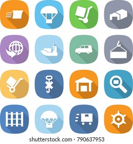 flat vector icon set - delivery vector, parachute, cargo stoller, warehouse, sea shipping, car, loading crane, trolley, do not hook sign, search, pallet, fast deliver, handwheel