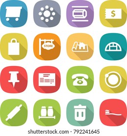 flat vector icon set - delivery vector, round around, nano tube, receipt, shopping bag, store signboard, project, greenhouse, pin, invoice, phone, orbit, rolling, salt pepper, trash bin, tooth brush