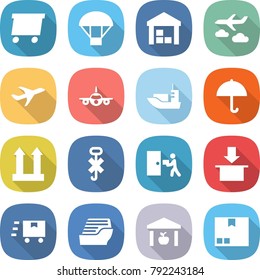 flat vector icon set - delivery vector, parachute, warehouse, journey, plane, sea shipping, dry cargo, top sign, do not hook, courier, package, fast deliver, cruise ship
