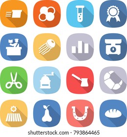 flat vector icon set - delivery vector, atom core, vial, medal, inspector, jellyfish, chart, kitchen scales, scissors, hand mill, turk, croissant, field, pear, horseshoe, bread