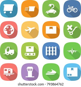 flat vector icon set - delivery vector, electric car, bike, globe, plane, package box, do not trolley sign, fork loader, transporter tape, pallet, trailer, airport tower, jet ski