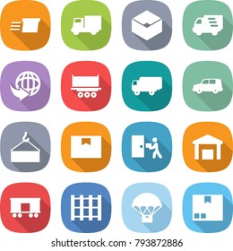 flat vector icon set - delivery vector, truck, box, shipping, car, loading crane, package, courier, warehouse, railroad, pallet, parachute