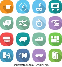 flat vector icon set - delivery vector, lightning, infinity power, journey, stopwatch, ambulance helicopter, truck shipping, car, consolidated cargo, courier, fast deliver, speed train, cereals
