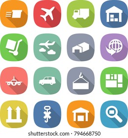 flat vector icon set - delivery vector, plane, truck, warehouse, cargo stoller, journey, car shipping, loading crane, consolidated, top sign, do not hook, search