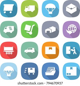 flat vector icon set - delivery vector, truck, parachute, box, cargo stoller, warehouse, shipping, car, package, courier, fast deliver, cruise ship