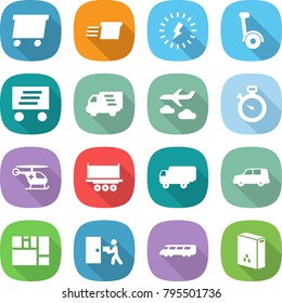 flat vector icon set - delivery vector, lightning, gyroscooter, journey, stopwatch, ambulance helicopter, truck shipping, car, consolidated cargo, courier, speed train, cereals