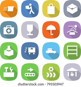 flat vector icon set - delivery vector, courier, shopping bag, box, doctor case, fragile, dry cargo, sun potection, package, fast deliver, car baggage, rack, repair tools, conveyor, warehouse