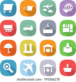 flat vector icon set - delivery vector, journey, truck shipping, car, loading crane, consolidated cargo, dry, top sign, warehouse, package, search, airplane